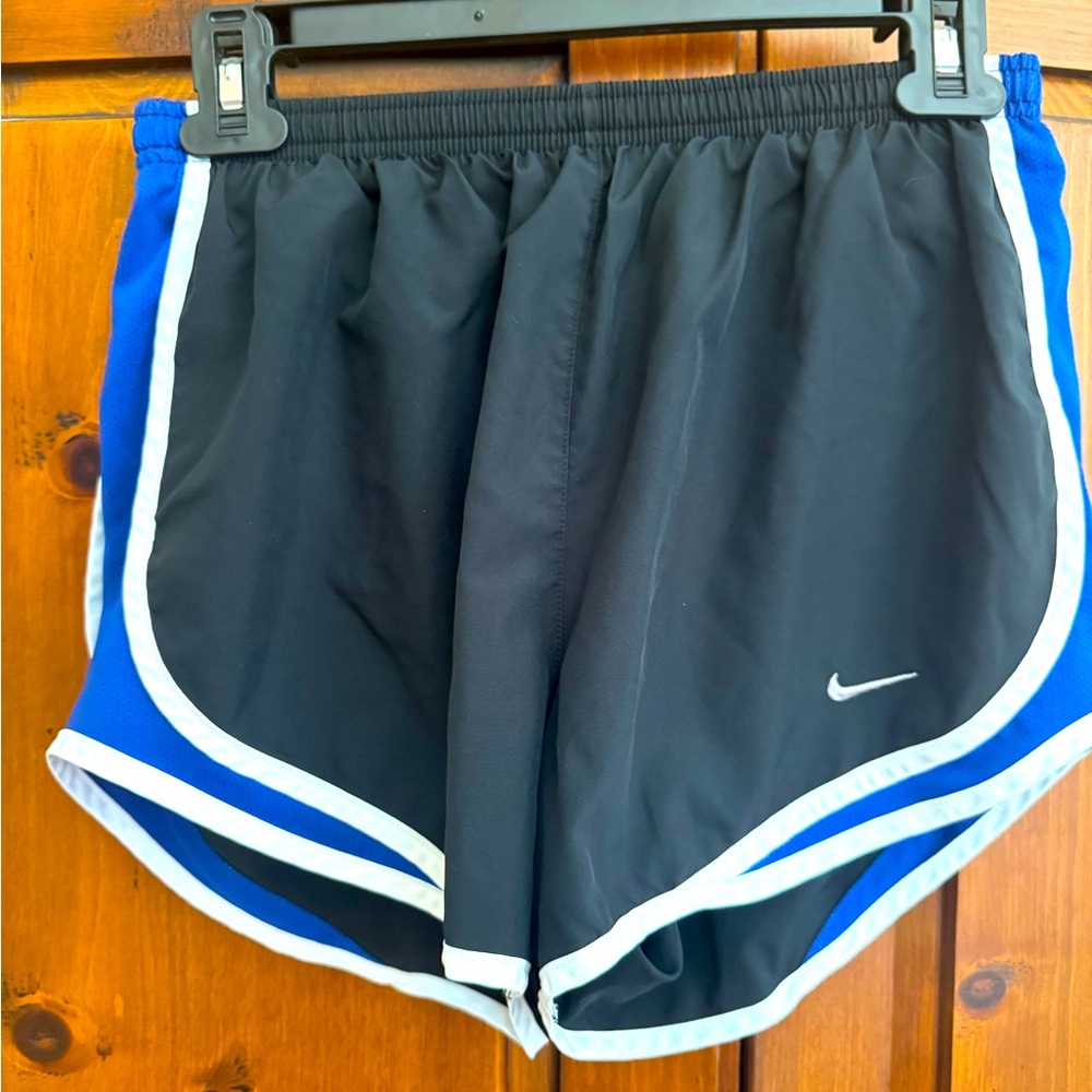 Nike DRIFIT black/blue with white stripe midrise running shorts. Size Small. EUC